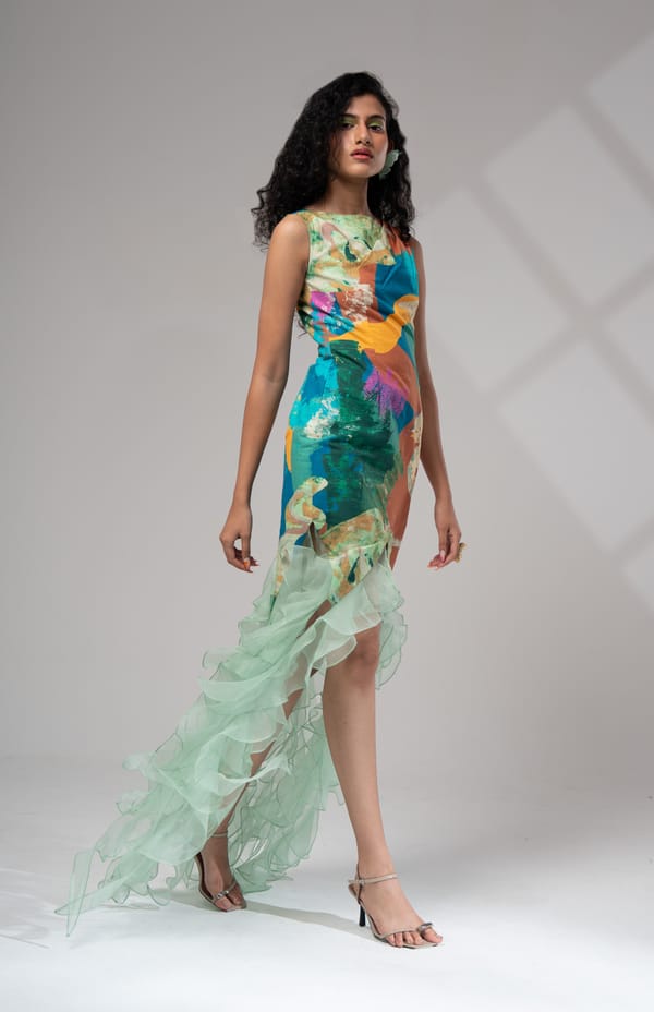 Multicolor Abstract Print Sheath Midi Dress with Ruffle Train — ADVAIT