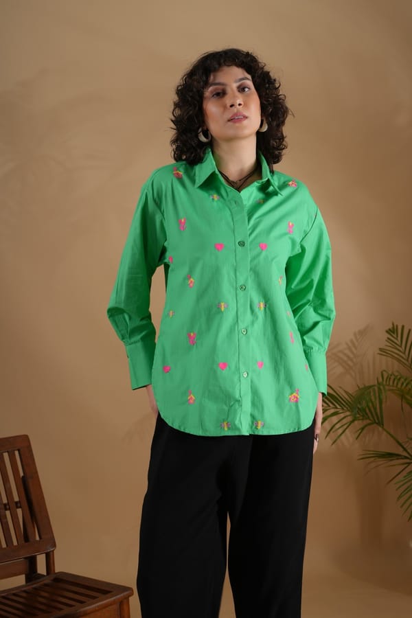 Green Oversized Embroidered Cotton Shirt — Brand New Brand