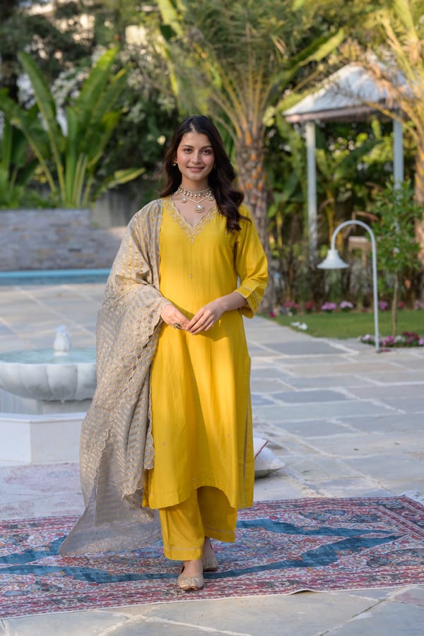 Mustard Mul Chanderi Kurta with dabka work and lurex Zari Dupatta-SET OF-3 — MAHEE JAIPUR