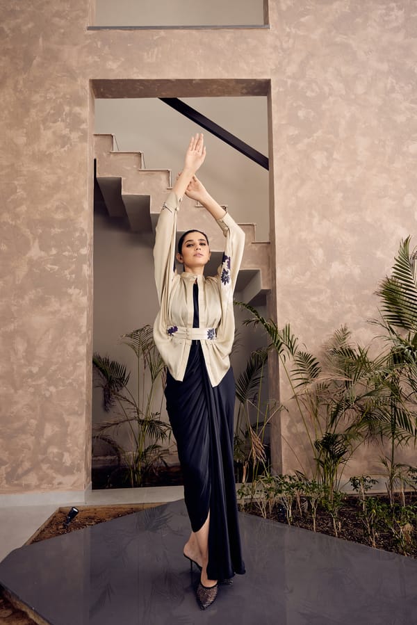 Ivory and Black Draped Maxi Gown Co-ord Set with Kimono Shirt — STUDIO SURBHI