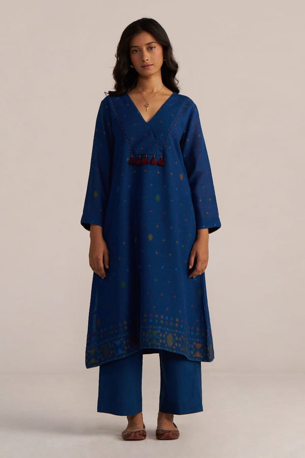 Blue Cotton Phulkari Motif Co-ord Set with Tassel Neck — Ganga Fashions Pvt Ltd