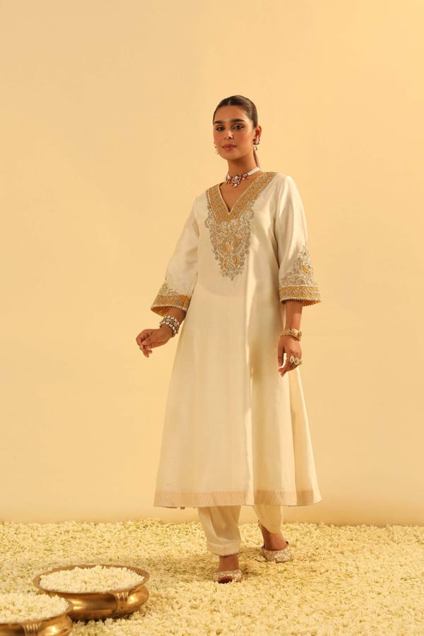 Daisy Ivory Embroidered A-Line Choga Kurta Set — Sheetal Batra