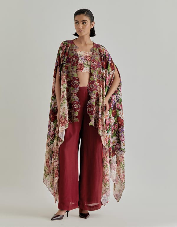 Red Pink Rosette Nomad Bustier & Cape & Trouser — Kavita Bhartia
