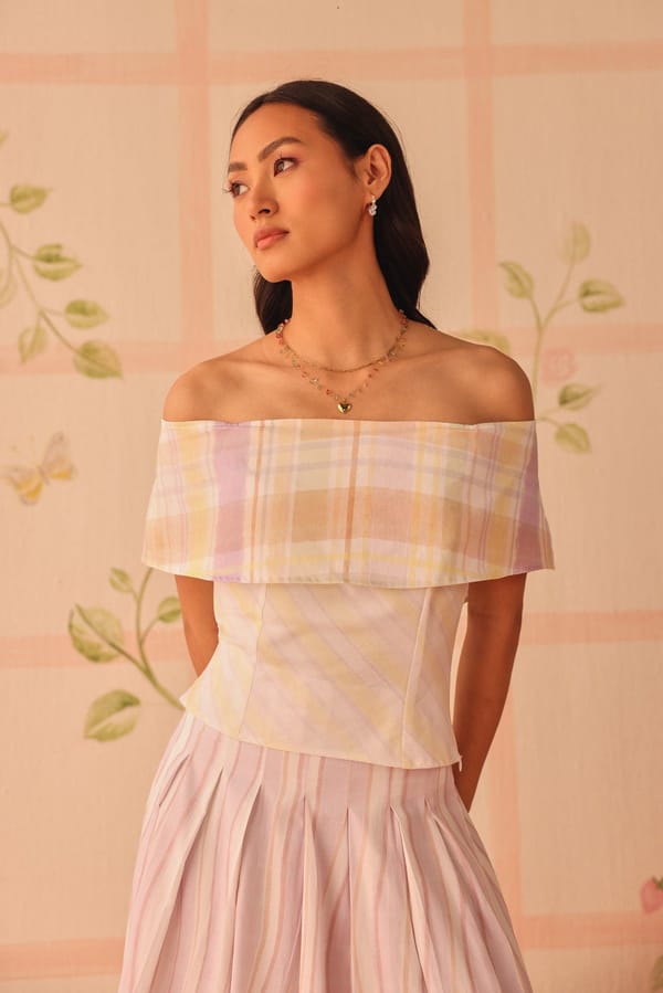 Pastel Checked Off-Shoulder Cotton Satin Top — Sage by Mala