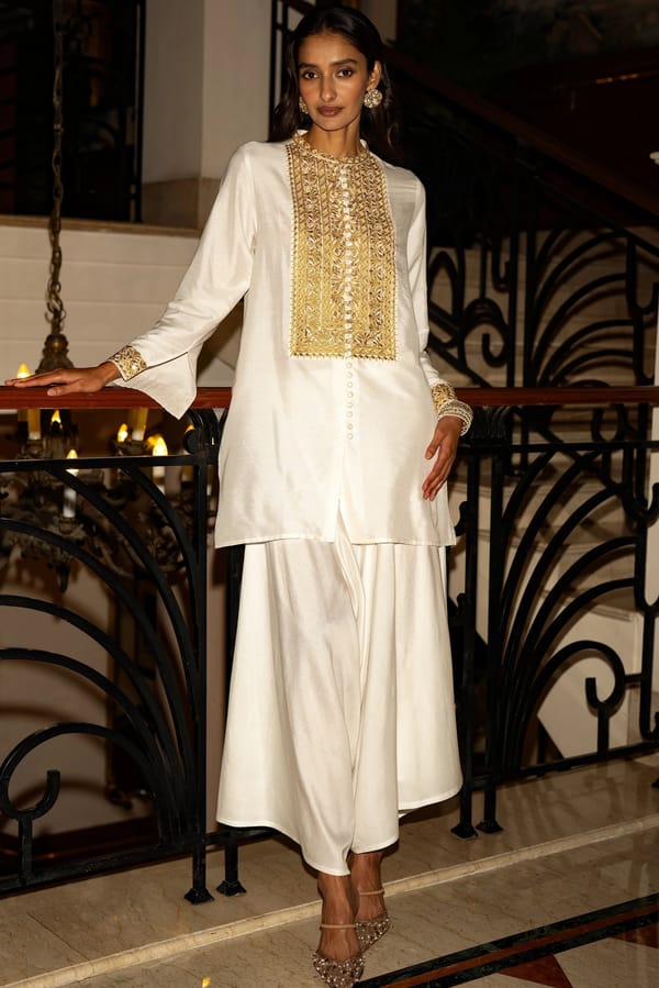 Metallic Thread Embroidered Top & Draped Ivory — Dash and Dot