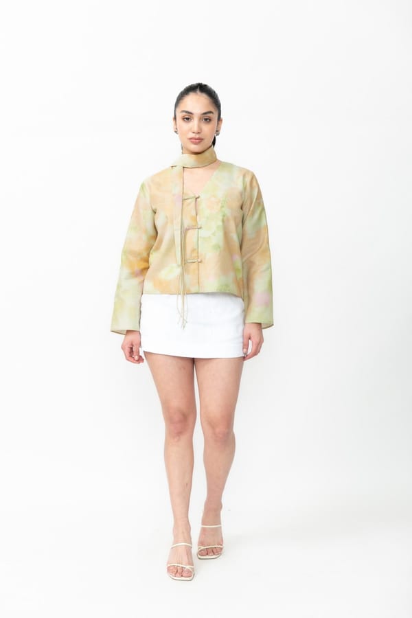 Green Abstract Printed Boxy Poly-Linen Top with Scarf Detail — Contemponari