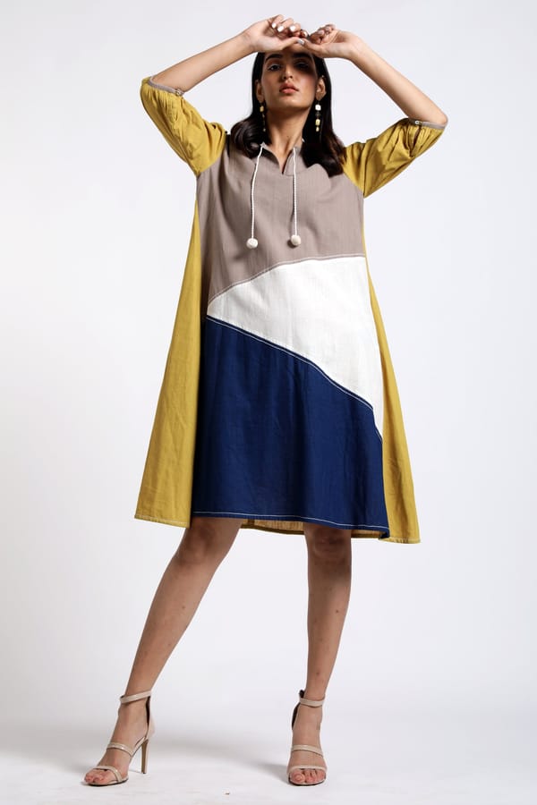 Multicolor Colorblocked Handloom Cotton Camp Dress — Madder Much