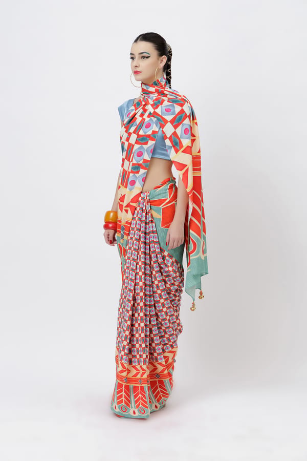Multicolor Geometric Printed Crepe Saree — Jungle Marigold