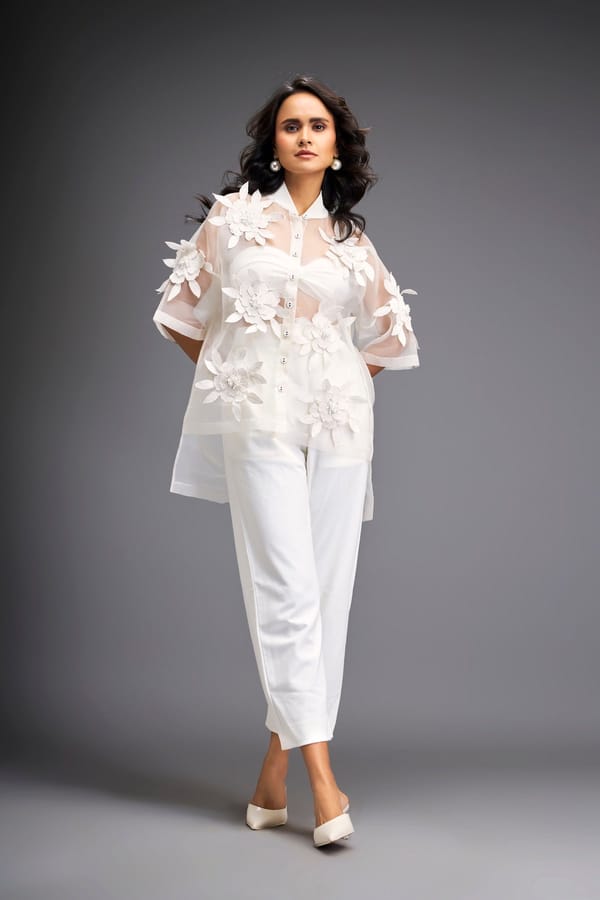 Floral Applique High-Low Sheer Top with Tube & Pants — Deepika Arora