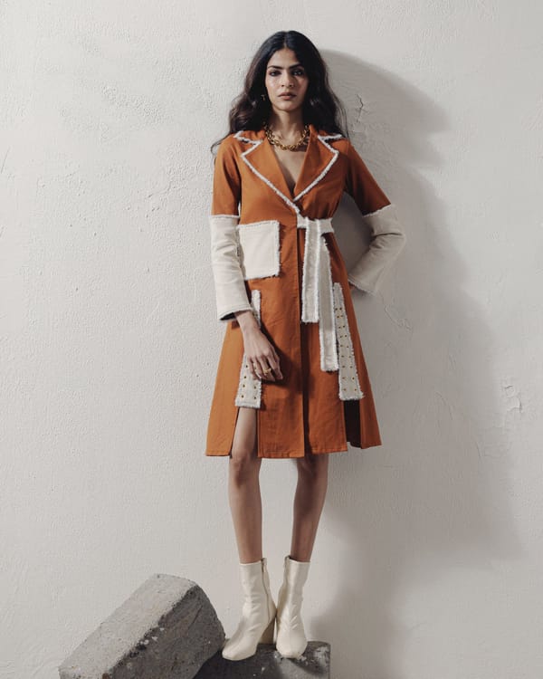 Rust Denim Colorblock Wrap Dress with Lapel Collar — Veera Wear