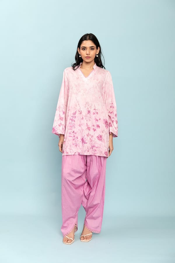 Pastel Pink Floral Printed Cotton Kurta Set with Salwar — LABEL NAARITI