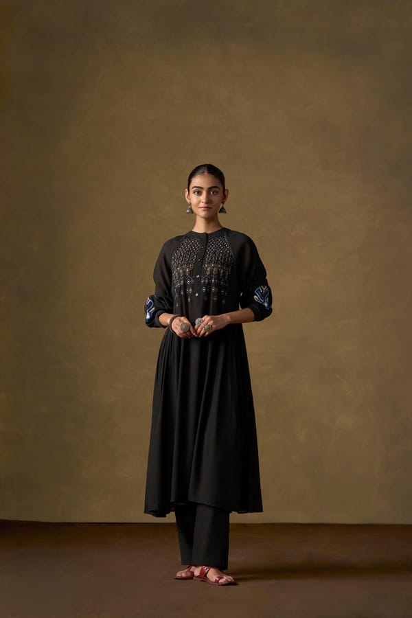 Onyx Black Embroidered Tiered Long Co-ord Set — Truly SMA
