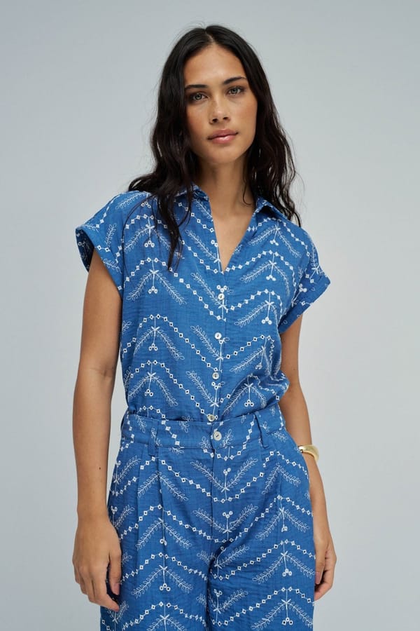 Blue Geometric Print Collared Short-Sleeve Shirt — SALSA JEANS