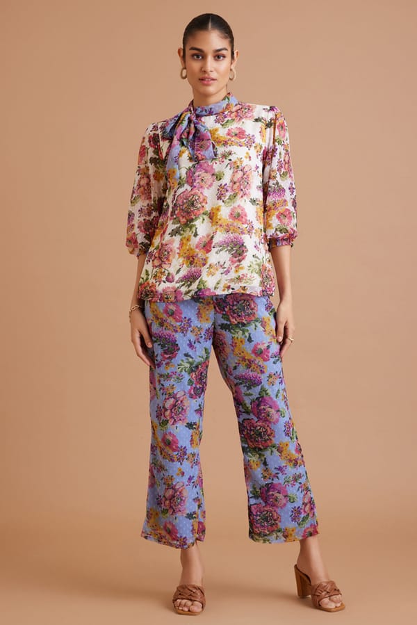 Pastel Floral Georgette Co-ord Set with Tie-Neck Top — BOHO-CHIC