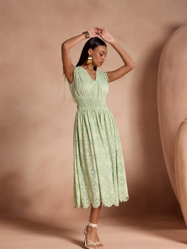 Green Lace Fit and Flare Midi Dress with Smocked Waist — Style Island