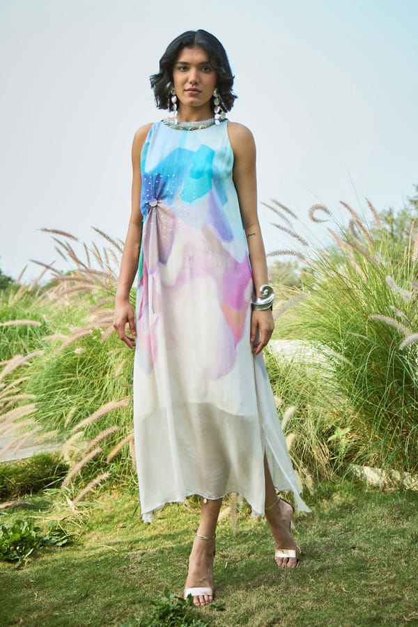 Off-White and Blue Ombre Printed Chiffon Maxi Dress — Basil Leaf
