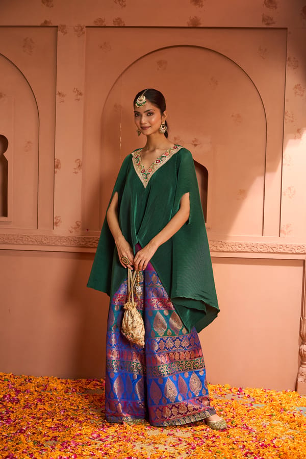 Green V-Neck Embroidered Cape and Brocade Pants Co-ord Set — TASUVURE