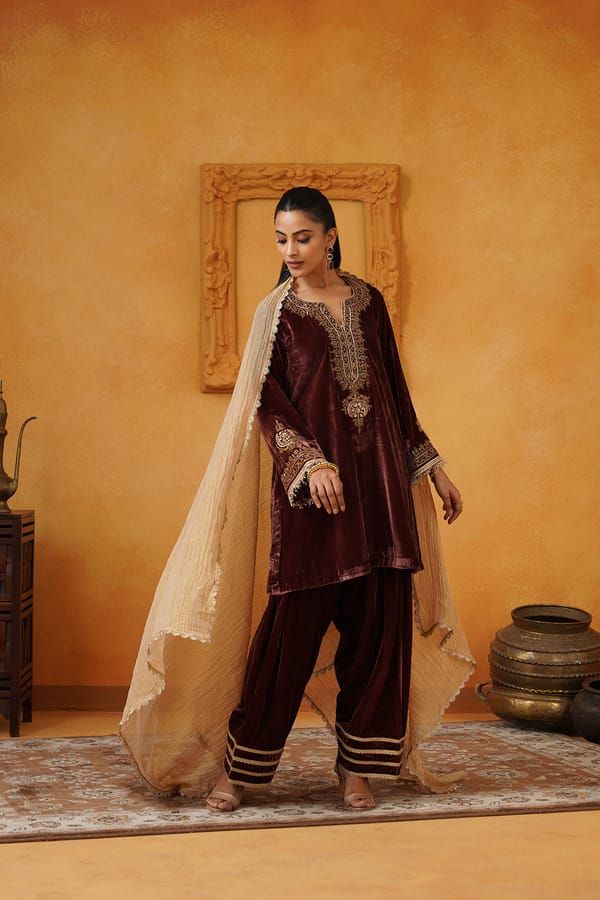 Burnt Rust Velvet Embroidered Kurta Set with Dupatta — NEETIKA CHOPRA