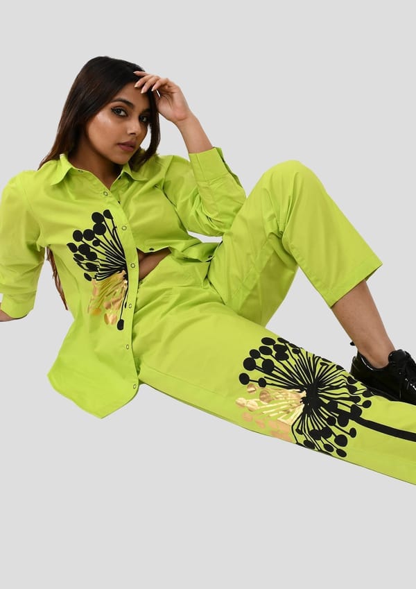 Neon Green Comfort Fit Cotton Shirt with Print — Richa Goenka