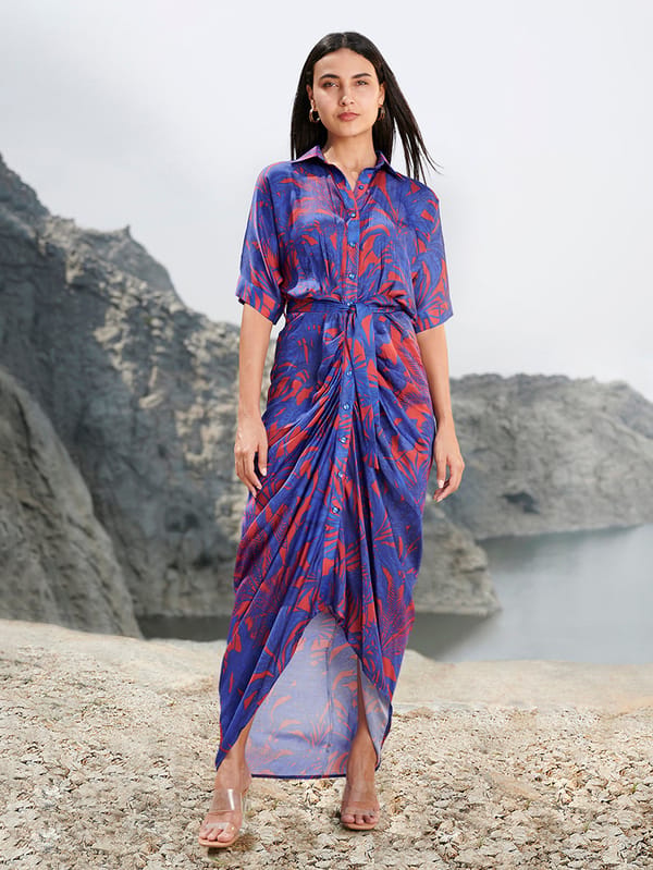 Blue Abstract Print Satin Shirt Midi Dress — House of Soi