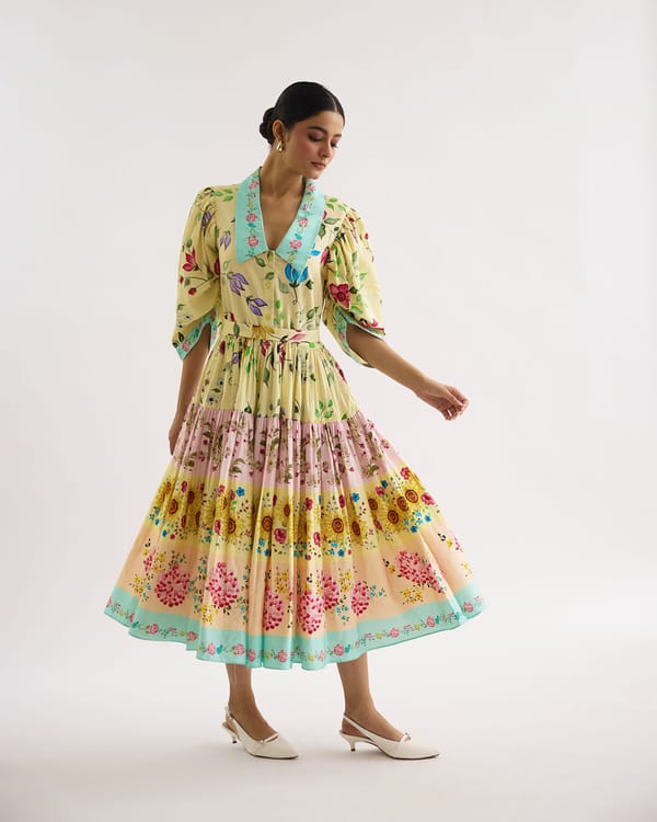Yellow Floral Tiered Midi Shirt Dress with Contrast Collar — THE FINICKY COLORIST