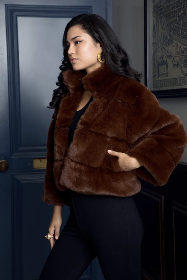 Coffee Brown Cropped Faux Fur Jacket with High Collar — Rhe-Ana
