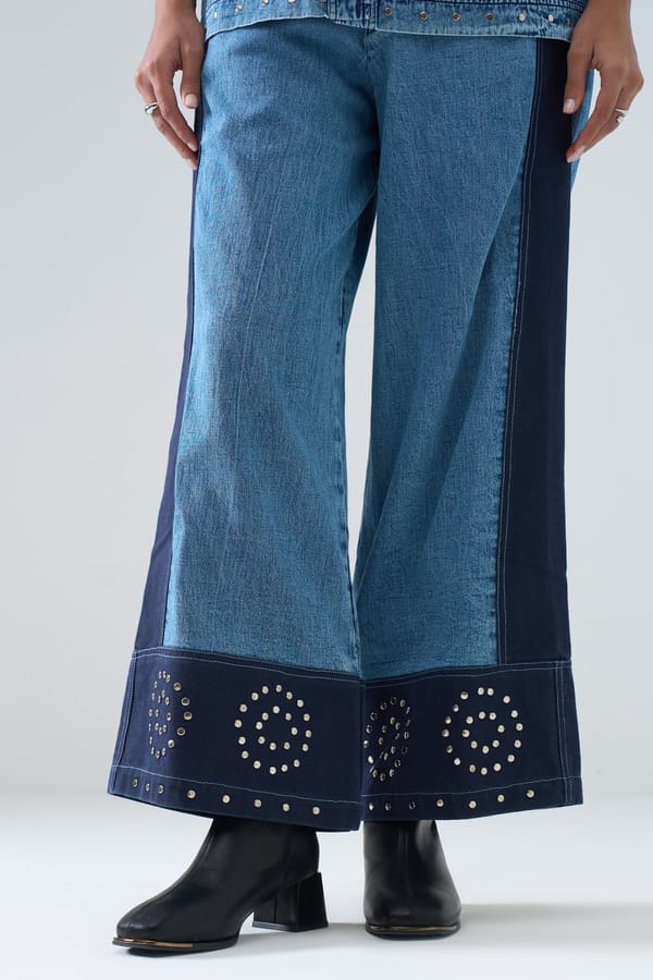 Blue Colorblocked Wide-Leg Denim Trousers with Stud Hem — STITCH STORIES