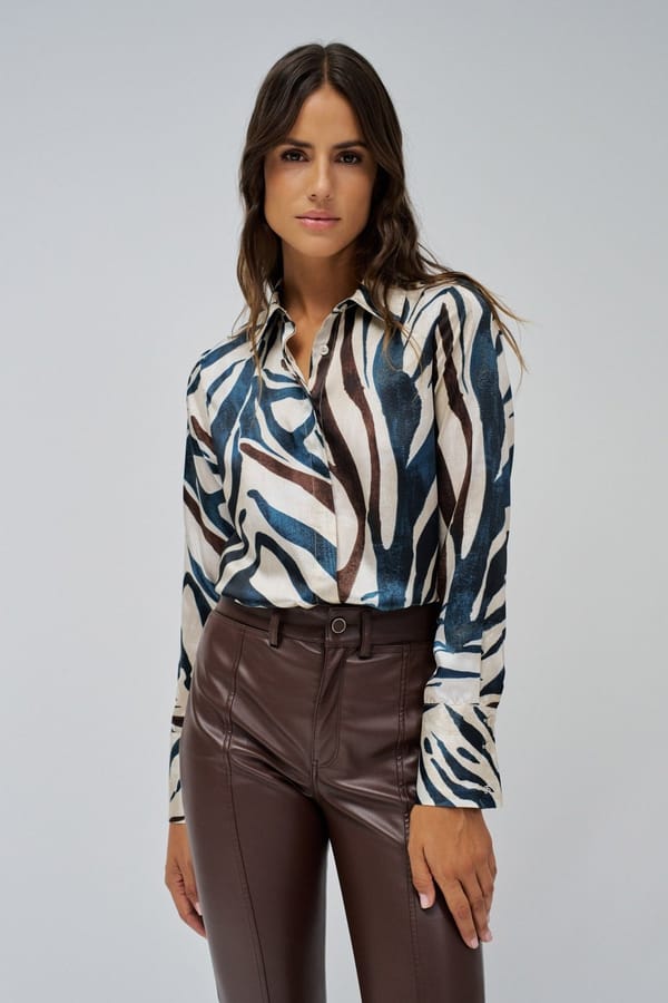 Animal Print Satin Shirt in Medium Brown and Teal — SALSA JEANS