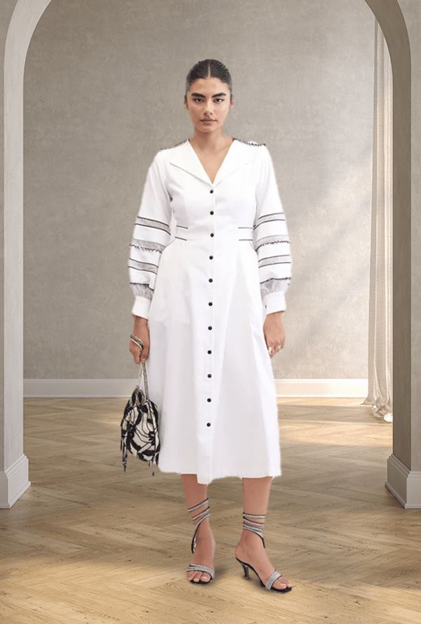 White Cotton Denim Fit and Flare Midi Dress with Balloon Sleeves — Our Love