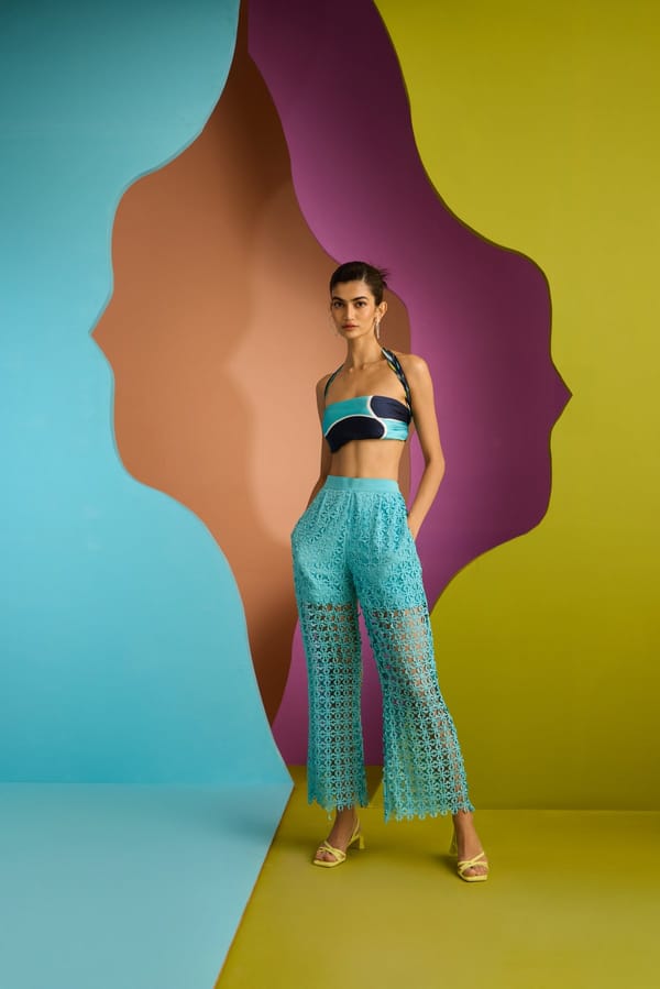 Turquoise High-Waist Cutwork Flared Trousers — CUIN