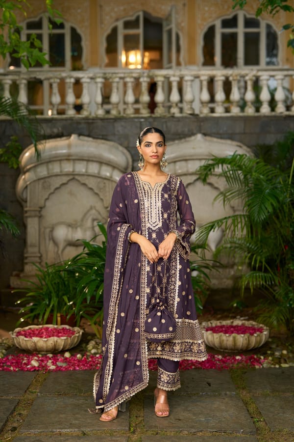 Purple Organza A-Line Embroidered Kurta Set with Dupatta — NARAYANI VASTRA
