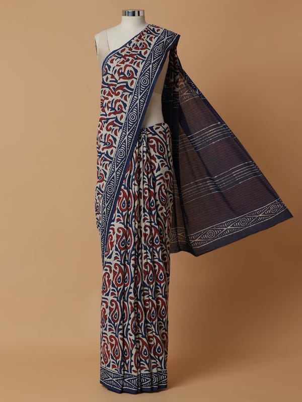Hand Block Paisley Printed Blue-Red Cotton Mulmul — BINKS