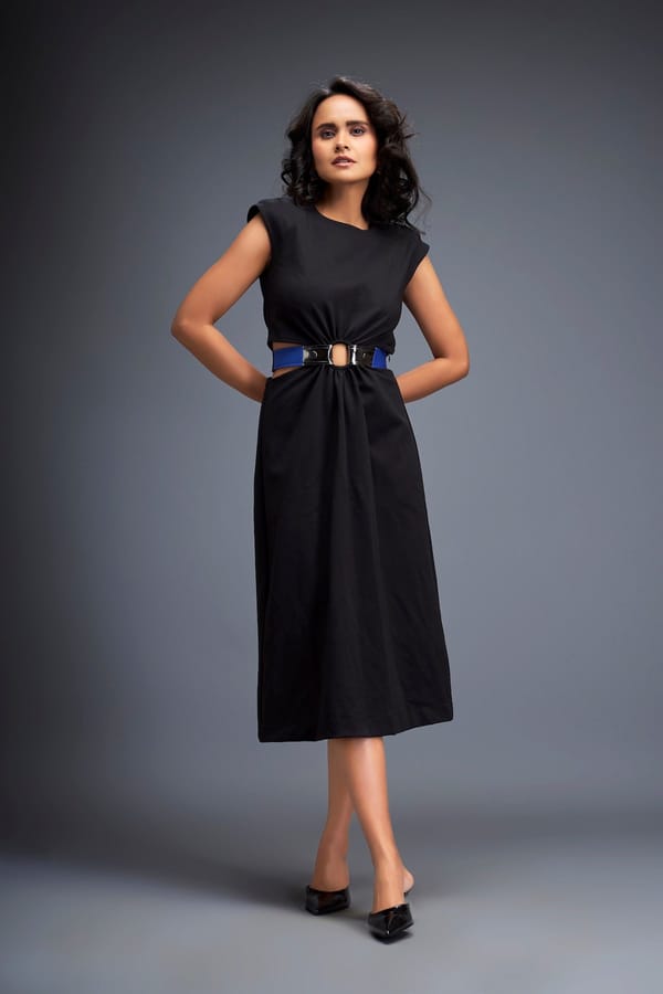 Gathered Waist Dress with Bold Contrast Belt — Deepika Arora