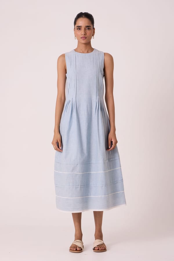 Indika Blue Pleated Handwoven Dress — The Summer House
