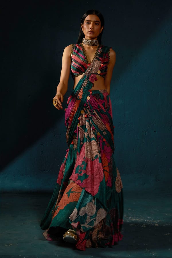 Bottle Green Printed Chinon Chiffon Pre-Draped Saree — Basil Leaf