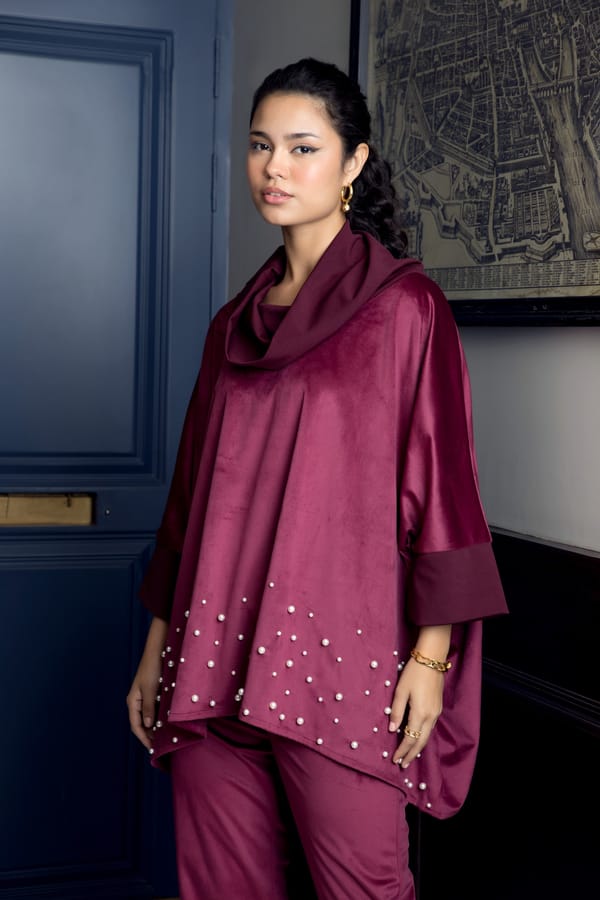 Burgundy Velvet Cowl Neck Co-ord Set with Pearl Detail — Rhe-Ana