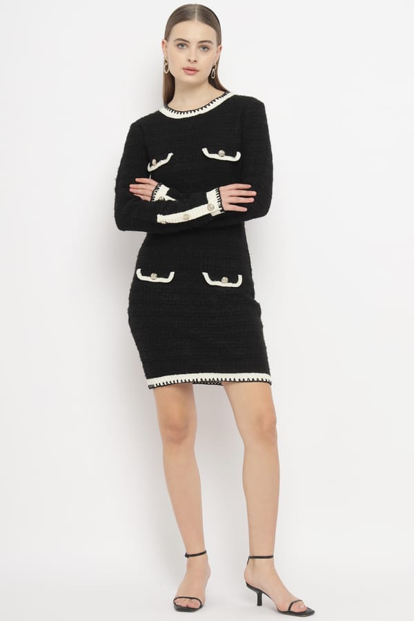 Black and Cream Contrast Trim Mini Sweater Dress — SILVIAN HEACH
