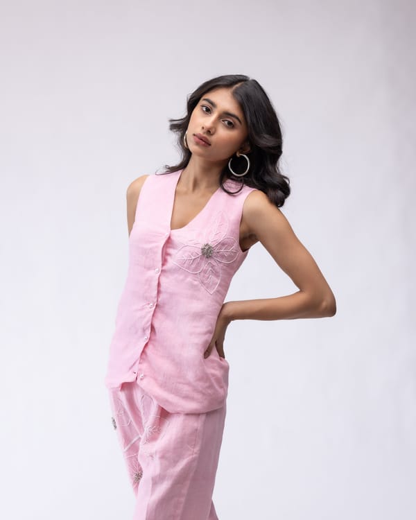 Light Pink Linen Embellished Floral Waistcoat — MAGIA