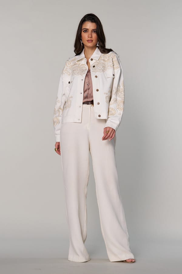 White Floral Embroidered Cropped Button-Front Jacket — Style Island
