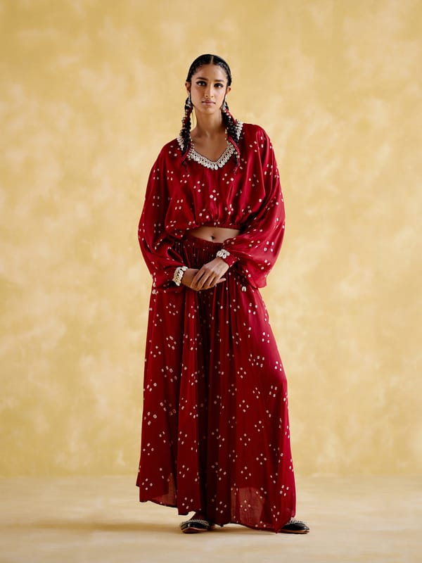 Maroon Bandhani Kaftan Top and Sharara Co-ord Set — 5 Elements