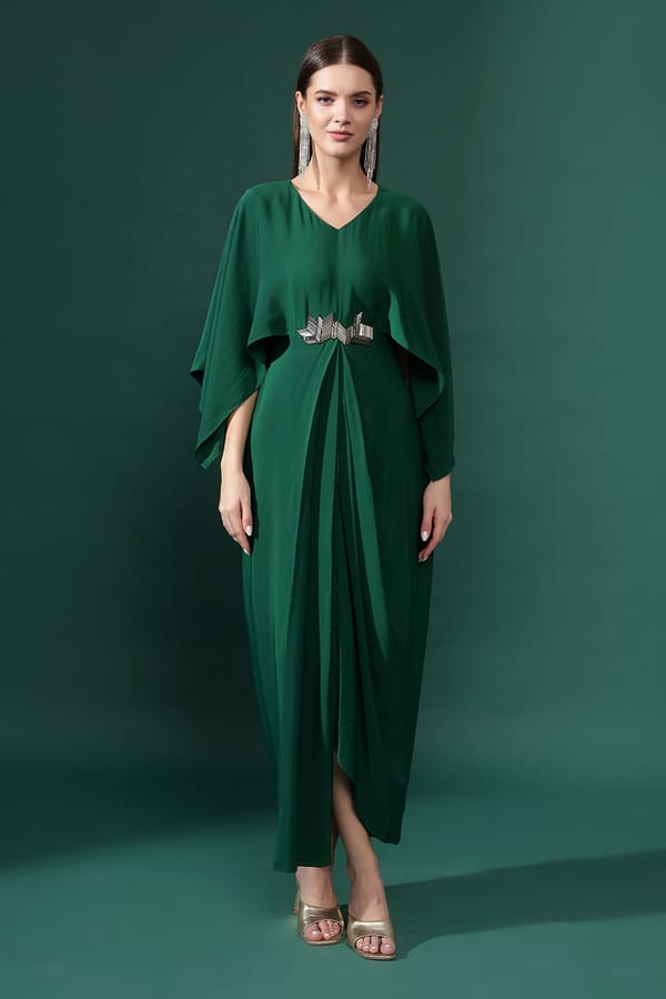 Bottle Green Silk Crepe Draped Maxi Dress with Cape Sleeves — Aakaar