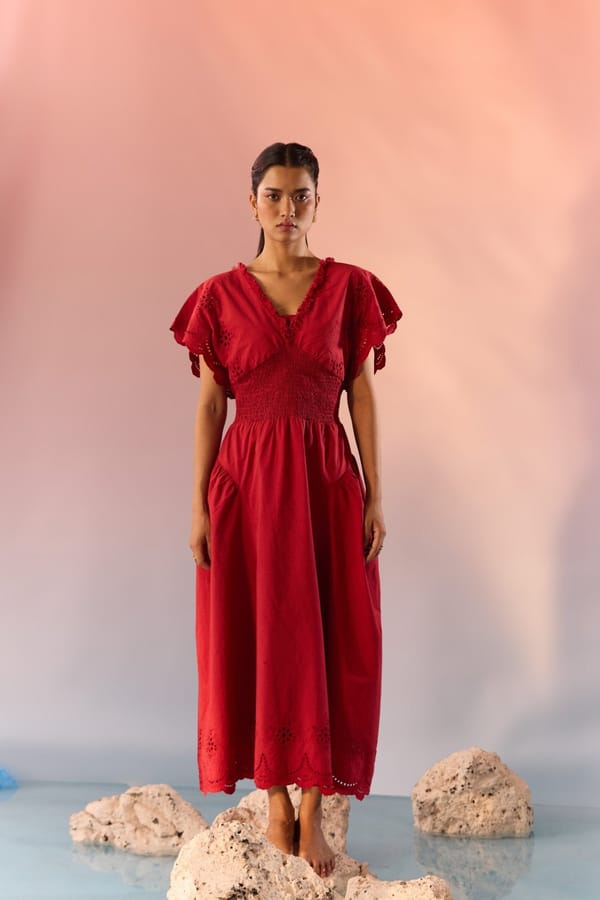 Red Cotton Schiffli V-Neck Smocked Waist Maxi Dress — WESTERNERA