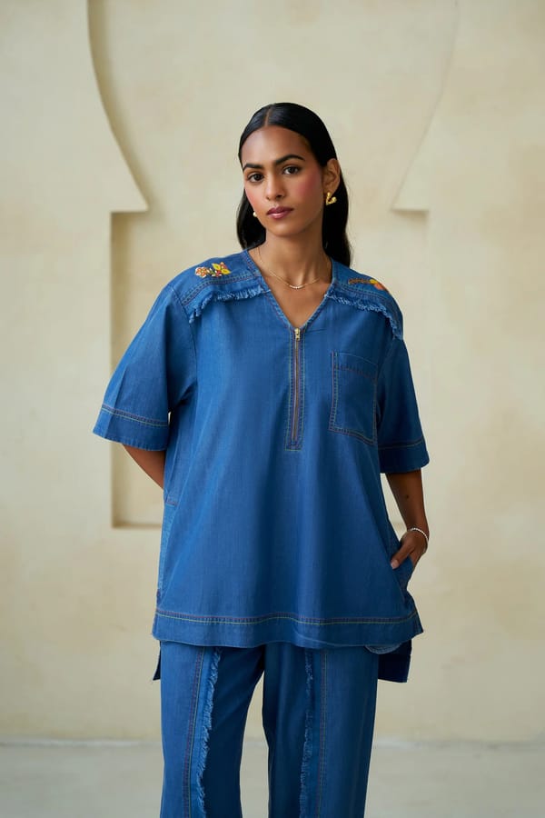 Blue Relaxed-Fit Denim V-Neck Zip Shirt — STITCH STORIES