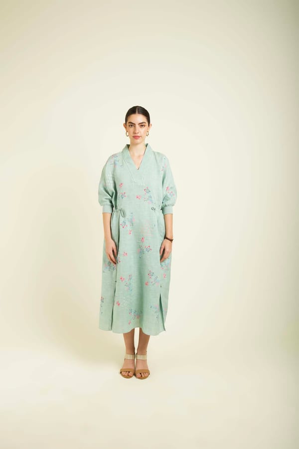 Mint Printed Slip Dress In Linen With Embroidery — Arcvsh Pallavi Singh