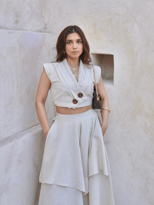 Ivory Wrap Top and Wide-Leg Pants Co-ord Set — HOUSE OF FETT