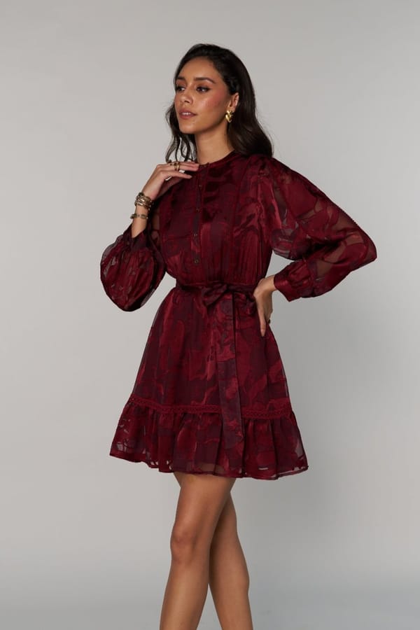 Red Jacquard Fit and Flare Mini Dress with Bishop Sleeves — Style Island