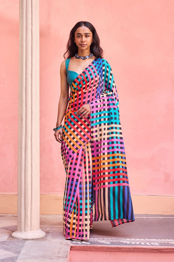 Multicolor Checked Handloom Cotton Saree — Dressfolk