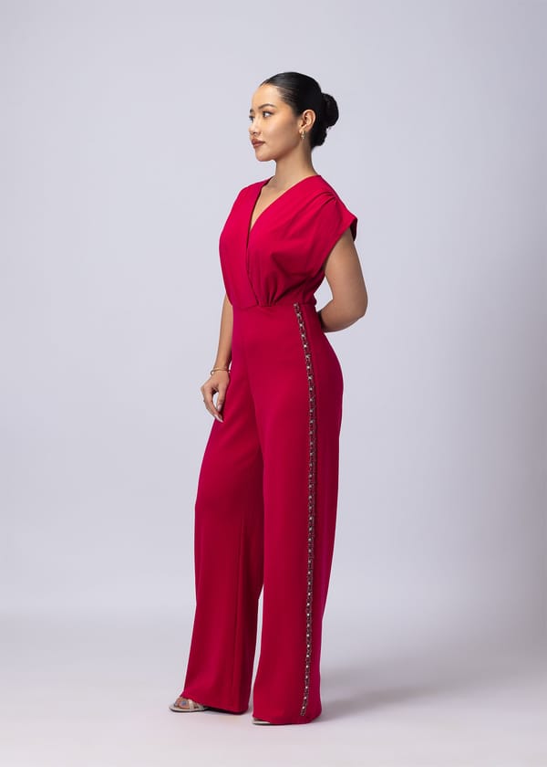 Raspberry Pink V-Neck Wide-Leg Jumpsuit with Rhinestones — Alonge