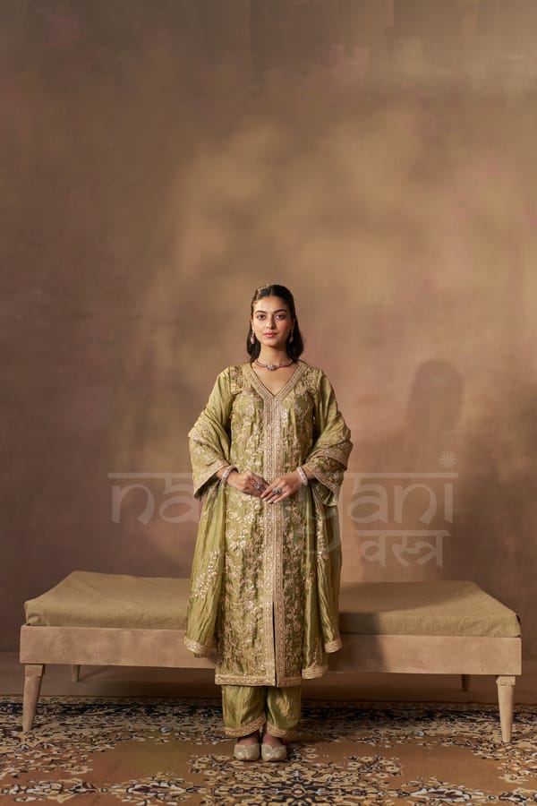 MEHRIN - Olive Green Tissue-Organza Suit Set — NARAYANI VASTRA