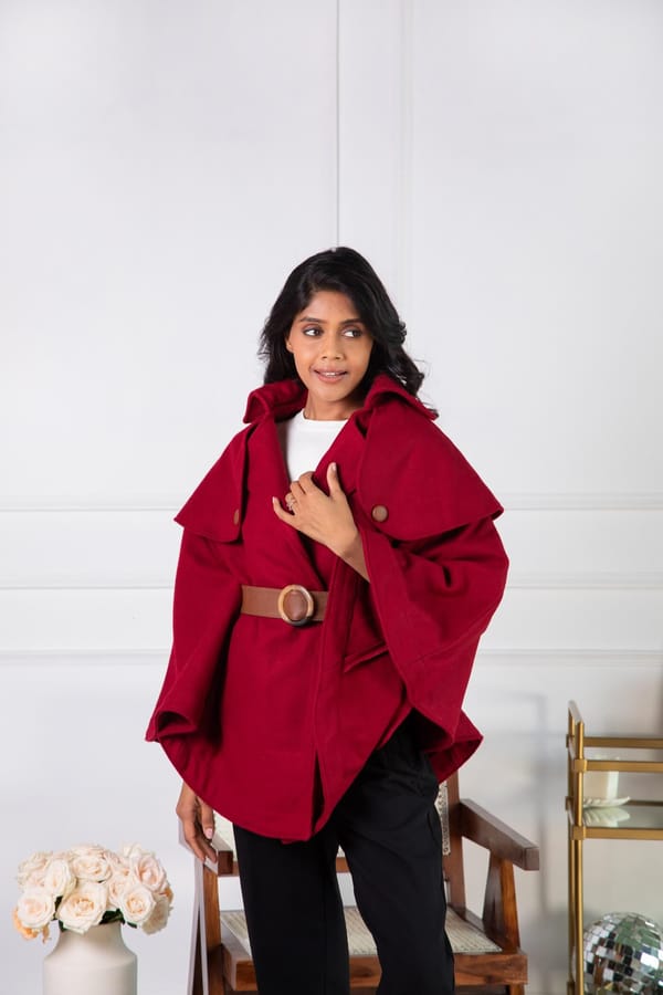 Burgundy Wool-Blend Belted Cape with Lapel Collar — Rhe-Ana